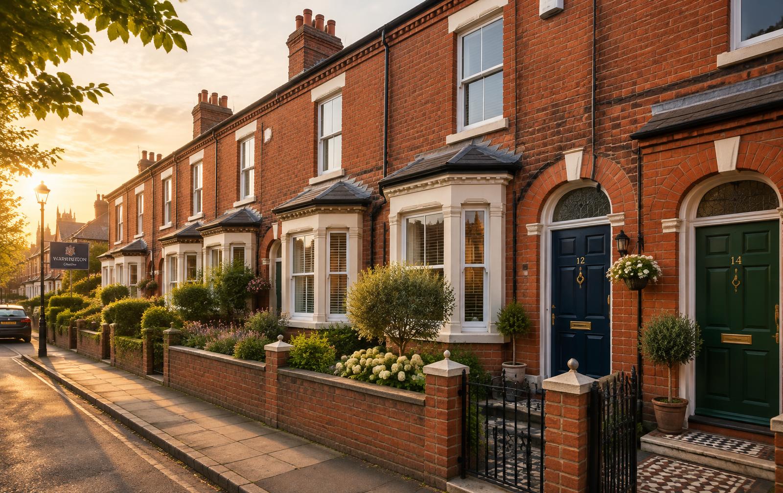 Red-brick terraced houses at golden hour